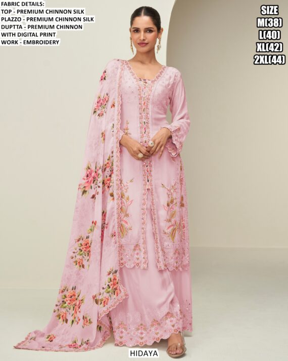 Premium Chinon Silk Floral Printed And Embroidered Readymade Plazo Suit Catalogue