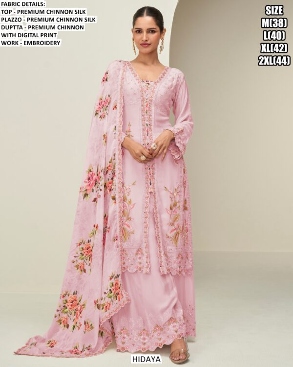 Premium Chinon Silk Floral Printed And Embroidered Readymade Plazo Suit Catalogue