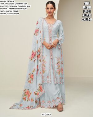 Premium Chinon Silk Floral Printed And Embroidered Readymade Plazo Suit Catalogue