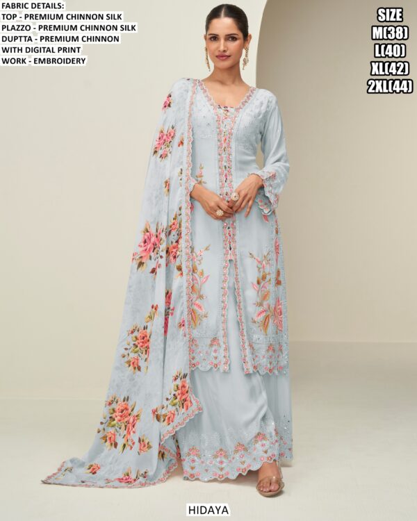 Premium Chinon Silk Floral Printed And Embroidered Readymade Plazo Suit Catalogue