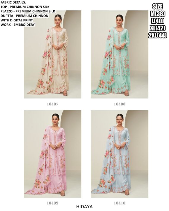 Premium Chinon Silk Floral Printed And Embroidered Readymade Plazo Suit Catalogue