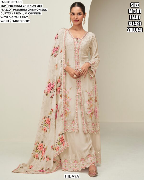 Premium Chinon Silk Floral Printed And Embroidered Readymade Plazo Suit Catalogue