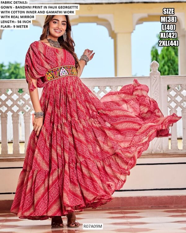 Navratri Gown In Faux Georgette Bandhni Print And Gamathi Work With Real Mirror Work