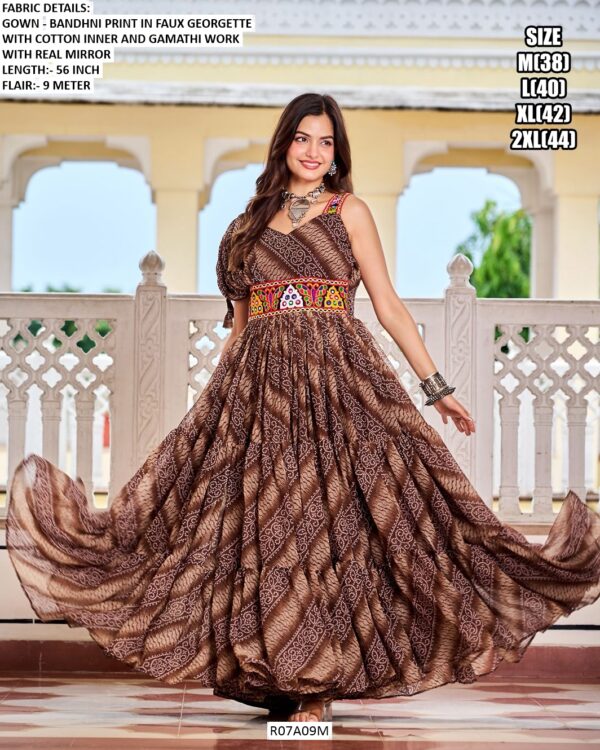 Navratri Gown In Faux Georgette Bandhni Print And Gamathi Work With Real Mirror Work