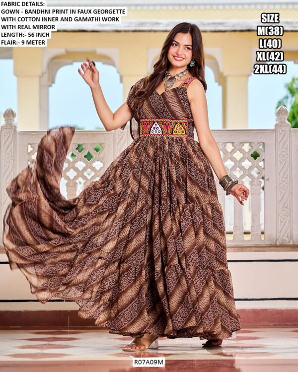 Navratri Gown In Faux Georgette Bandhni Print And Gamathi Work With Real Mirror Work