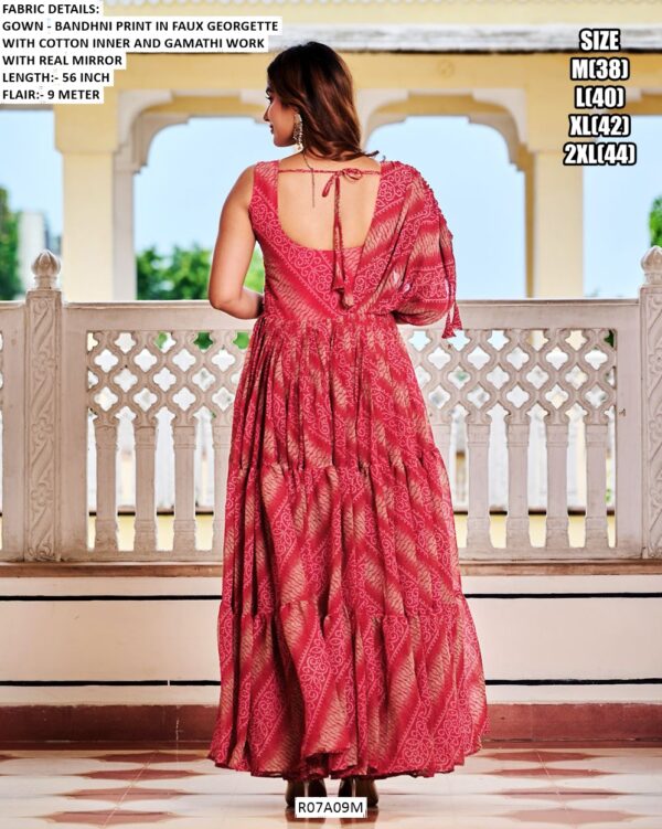 Navratri Gown In Faux Georgette Bandhni Print And Gamathi Work With Real Mirror Work