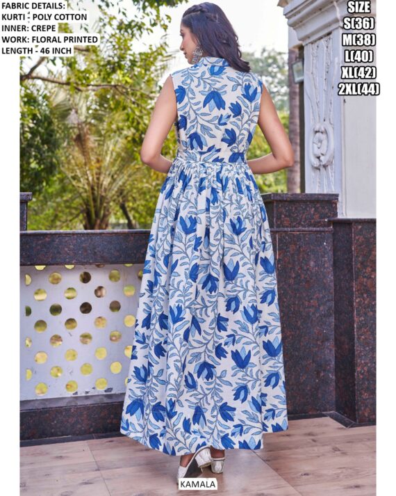Latest Poly Cotton Floral Printed Western Wear Kurti Gown For Casual Outings