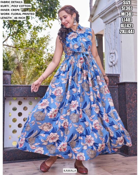 Latest Poly Cotton Floral Printed Western Wear Kurti Gown For Casual Outings