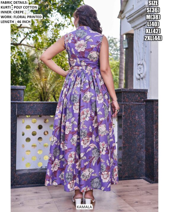 Latest Poly Cotton Floral Printed Western Wear Kurti Gown For Casual Outings