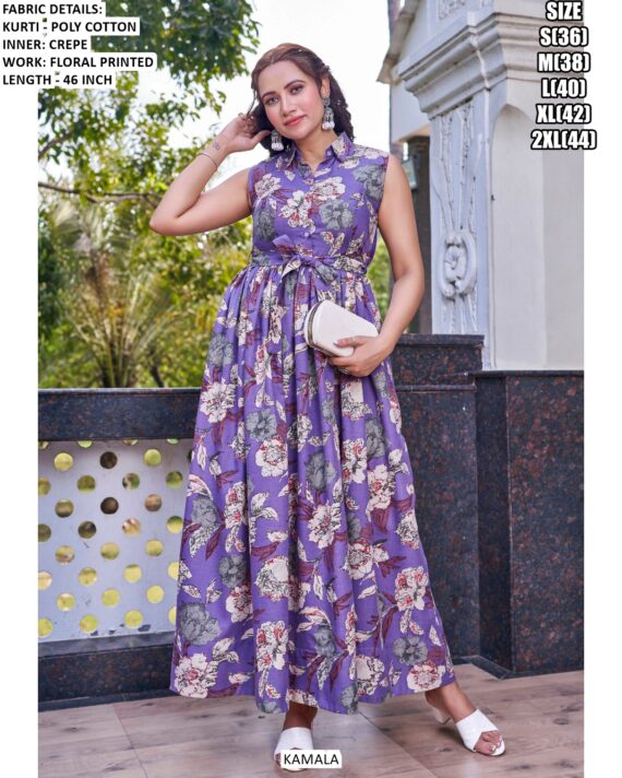 Latest Poly Cotton Floral Printed Western Wear Kurti Gown For Casual Outings