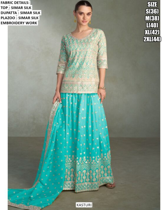 Occasion Wear Heavy Embroidery Designer Simar Silk Readymade Top-Plazo With Dupatta