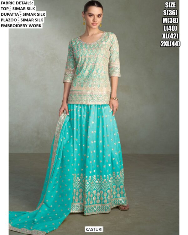 Occasion Wear Heavy Embroidery Designer Simar Silk Readymade Top-Plazo With Dupatta