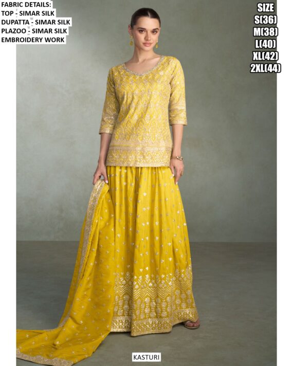 Occasion Wear Heavy Embroidery Designer Simar Silk Readymade Top-Plazo With Dupatta