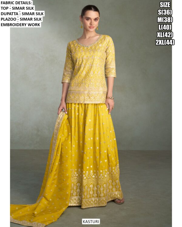 Occasion Wear Heavy Embroidery Designer Simar Silk Readymade Top-Plazo With Dupatta