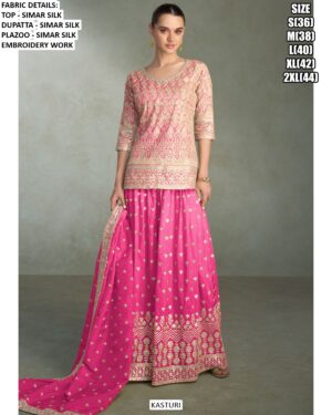 Occasion Wear Heavy Embroidery Designer Simar Silk Readymade Top-Plazo With Dupatta