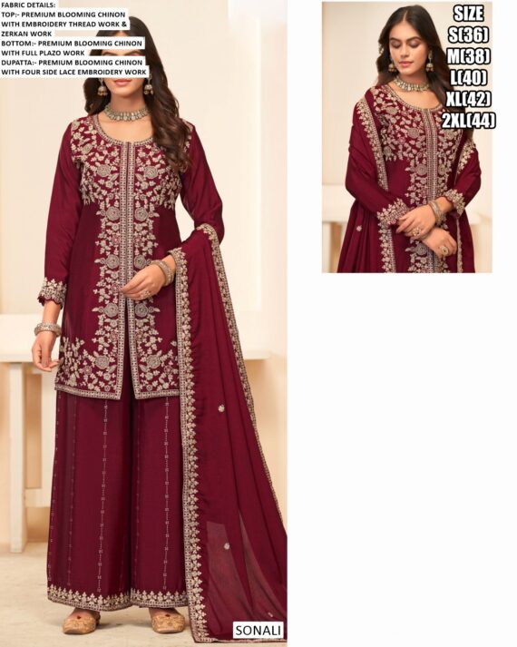 Festive Wear Blooming Chinon Readymade Amazing Embroidery Work Plazo Suits