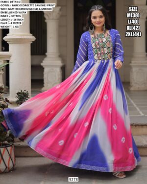 Navratri Wear Faux Georgette Bandhej Printed With Gamthi Embroidered Awesome Gown