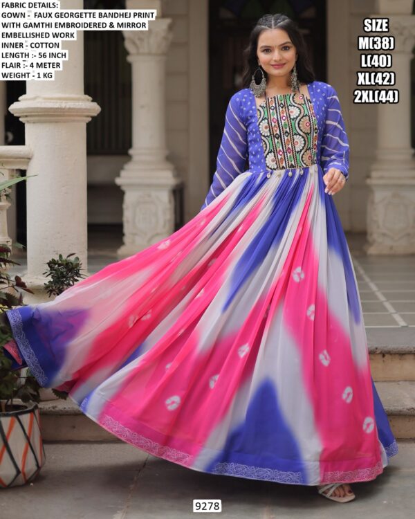 Navratri Wear Faux Georgette Bandhej Printed With Gamthi Embroidered Awesome Gown