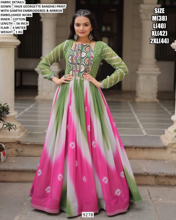 Navratri Wear Faux Georgette Bandhej Printed With Gamthi Embroidered Awesome Gown