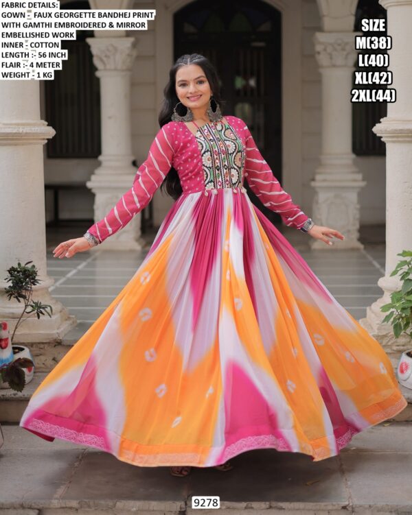 Navratri Wear Faux Georgette Bandhej Printed With Gamthi Embroidered Awesome Gown