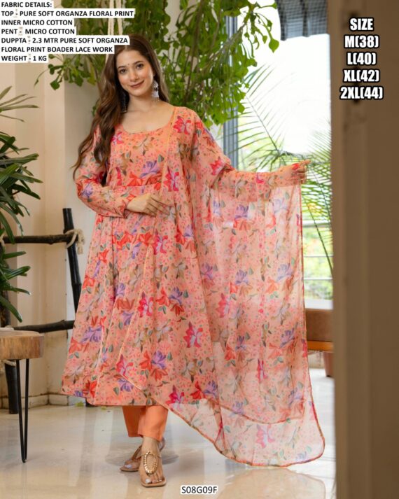 Peach Colour Floral Printed Pure Soft Organza Anarkali Suit With Dupatta