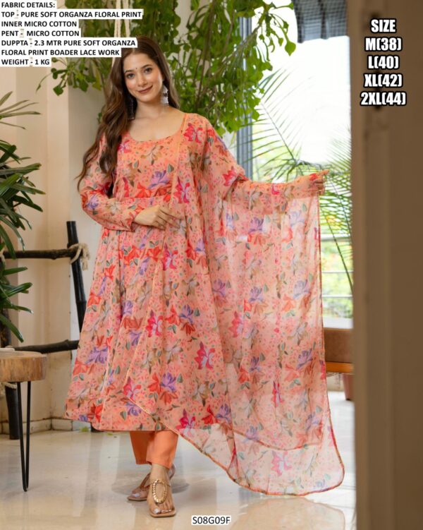 Peach Colour Floral Printed Pure Soft Organza Anarkali Suit With Dupatta