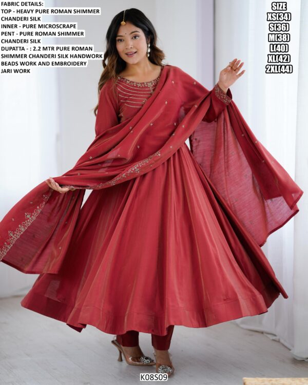 Presenting New Pure Roman Shimmer Chanderi Silk Maroon Colour Anarkali Suit Set