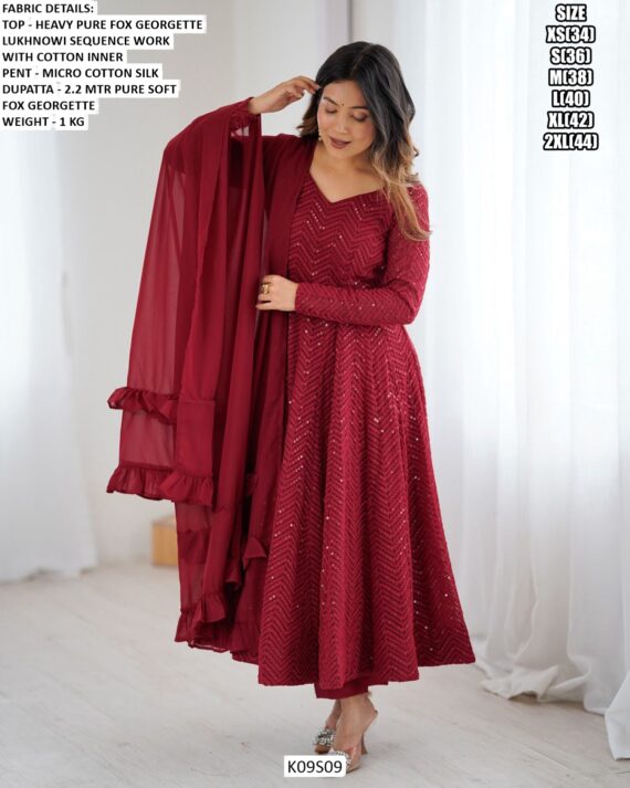 New Party Wear Anarkali Kurti Set In Heavy Pure Faux Georgette With Lukhnowi Sequence Work