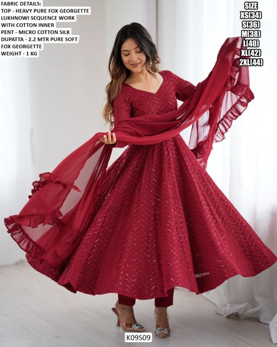 New Party Wear Anarkali Kurti Set In Heavy Pure Faux Georgette With Lukhnowi Sequence Work