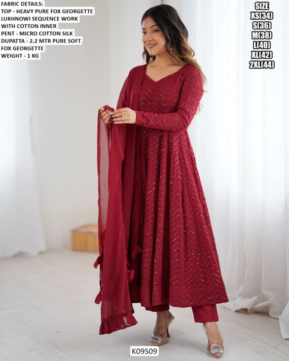 New Party Wear Anarkali Kurti Set In Heavy Pure Faux Georgette With Lukhnowi Sequence Work