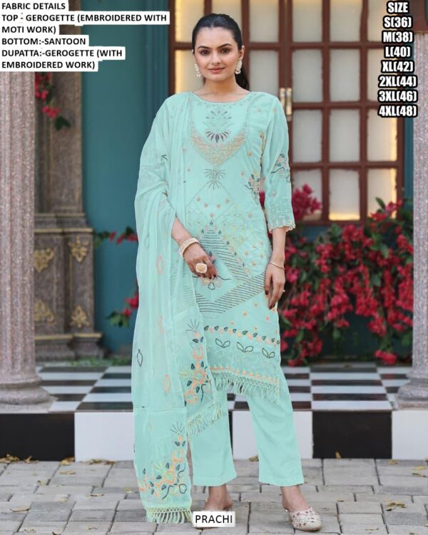 Festive Wear Georgette Embroidered Kurti, Pant And Dupatta Set With Moti Work