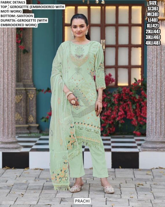 Festive Wear Georgette Embroidered Kurti, Pant And Dupatta Set With Moti Work