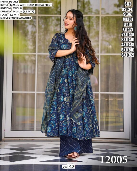 Casual And Any Functions Wear Beautiful Printed Muslin Fabric Flared Kurti With Pent And Dupatta
