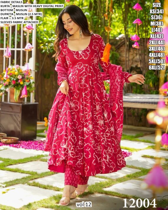 Casual And Any Functions Wear Beautiful Printed Muslin Fabric Flared Kurti With Pent And Dupatta