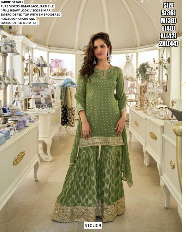 Festival Suits - Pure Viscose Simar Jacquard Silk Embroidery Work Readymade Gharara Dresses