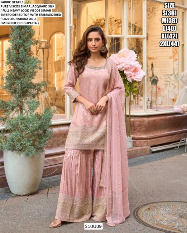 Festival Suits - Pure Viscose Simar Jacquard Silk Embroidery Work Readymade Gharara Dresses