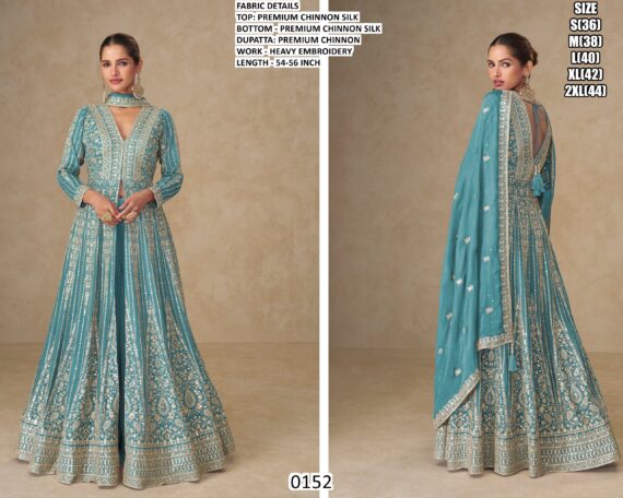 Introducing A Stunning Four-Piece Catalogue Heavy Designer Chinon Silk Indo-Western For Women