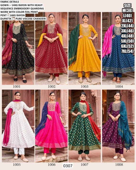 Heavy Sequence Embroidery Quarding Work Rayon Anarkali Kurti Sets Especial For Festivals