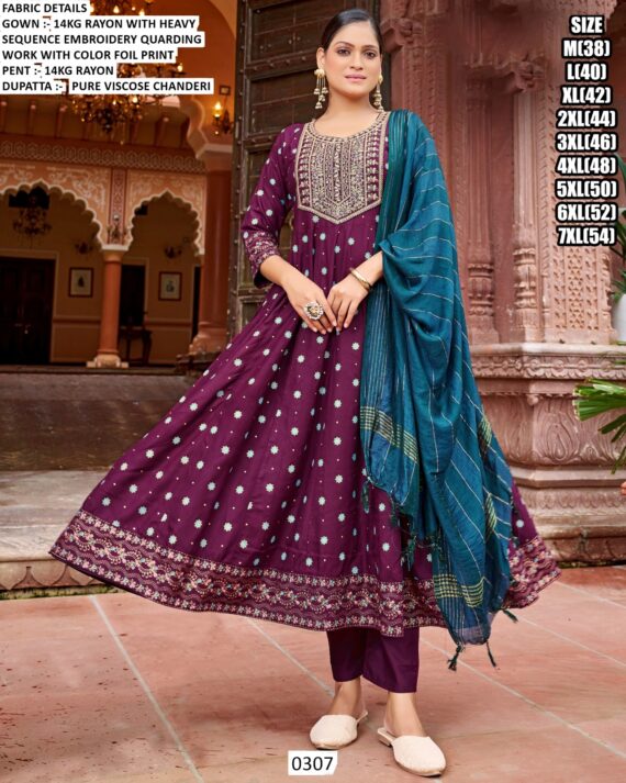 Heavy Sequence Embroidery Quarding Work Rayon Anarkali Kurti Sets Especial For Festivals