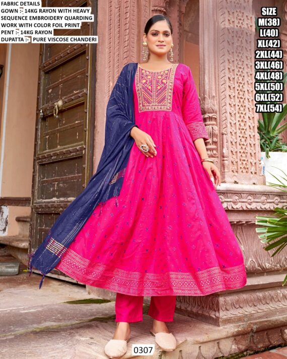 Heavy Sequence Embroidery Quarding Work Rayon Anarkali Kurti Sets Especial For Festivals