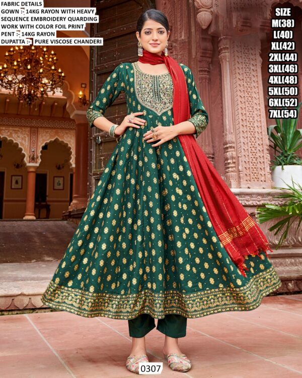 Heavy Sequence Embroidery Quarding Work Rayon Anarkali Kurti Sets Especial For Festivals