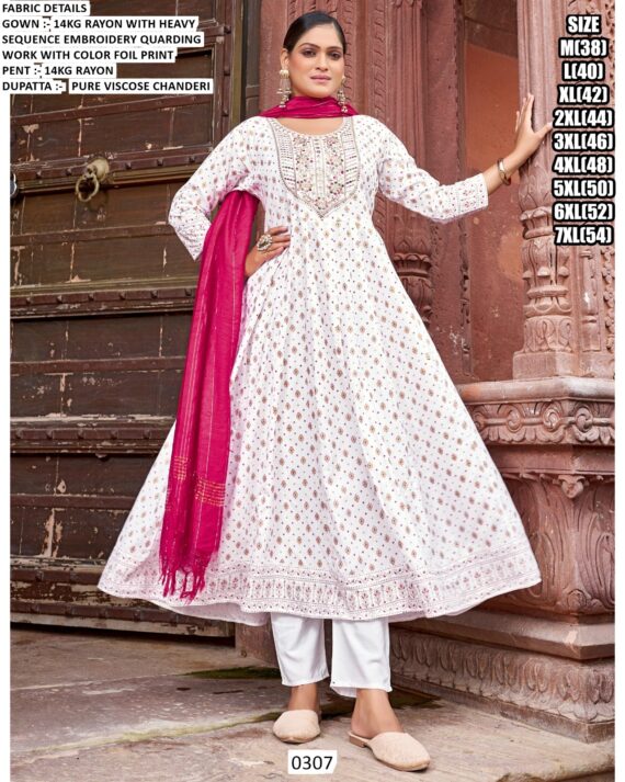 Heavy Sequence Embroidery Quarding Work Rayon Anarkali Kurti Sets Especial For Festivals