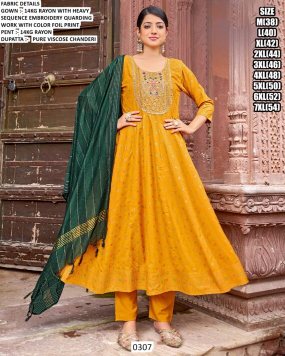 Heavy Sequence Embroidery Quarding Work Rayon Anarkali Kurti Sets Especial For Festivals