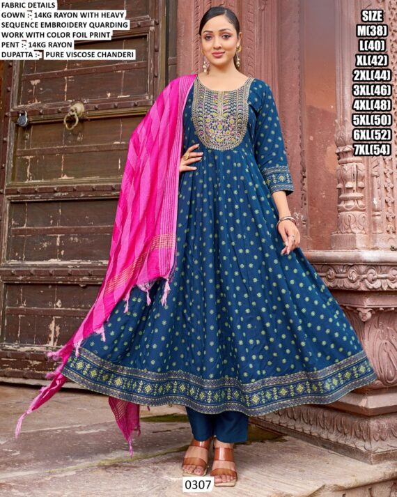 Heavy Sequence Embroidery Quarding Work Rayon Anarkali Kurti Sets Especial For Festivals