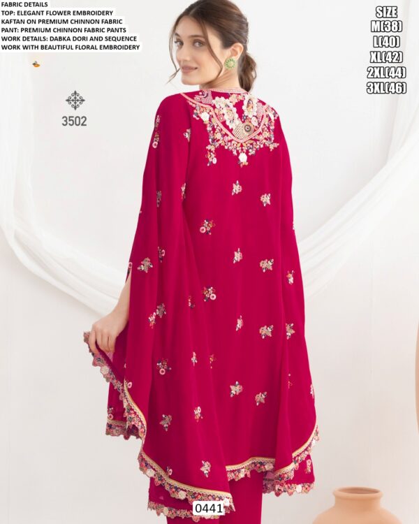 Elegant Flower Embroidered Premium Chinon Party Wear Kaftan Style Co-ord Sets