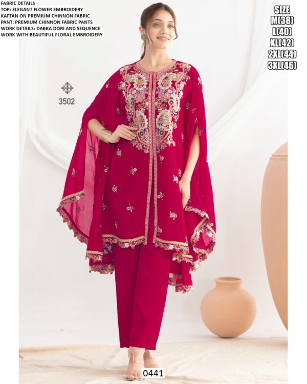 Elegant Flower Embroidered Premium Chinon Party Wear Kaftan Style Co-ord Sets