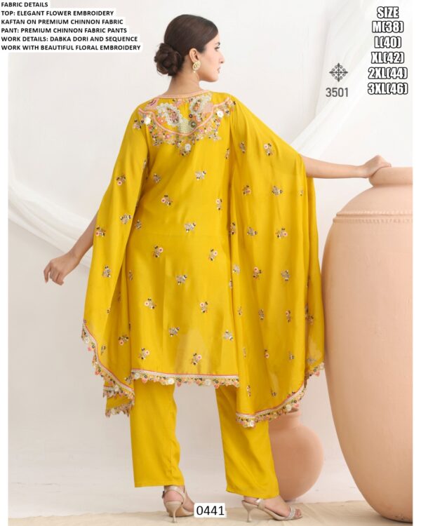 Elegant Flower Embroidered Premium Chinon Party Wear Kaftan Style Co-ord Sets