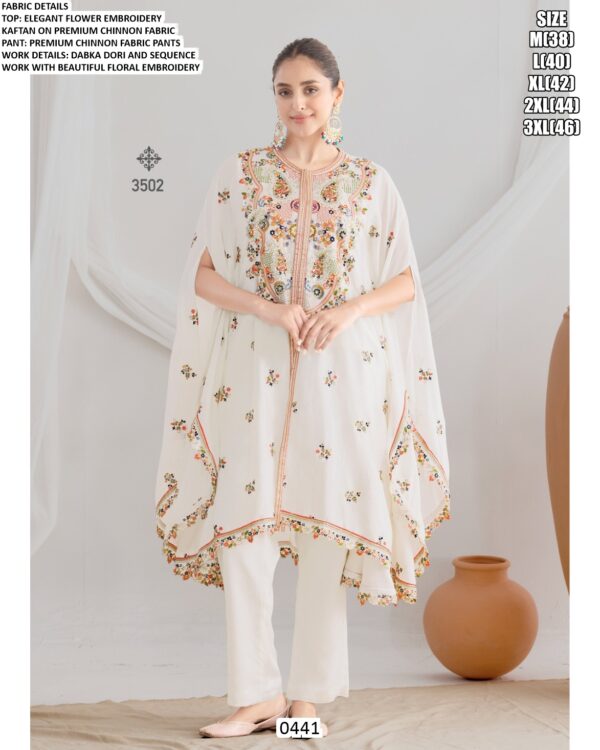 Elegant Flower Embroidered Premium Chinon Party Wear Kaftan Style Co-ord Sets