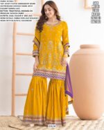 Chinon Embroidery Work Festive Wear Traditional Sharara Suit With Dual Colours Dupatta