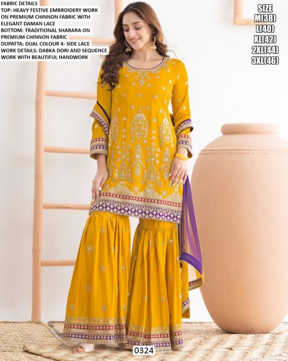 Chinon Embroidery Work Festive Wear Traditional Sharara Suit With Dual Colours Dupatta